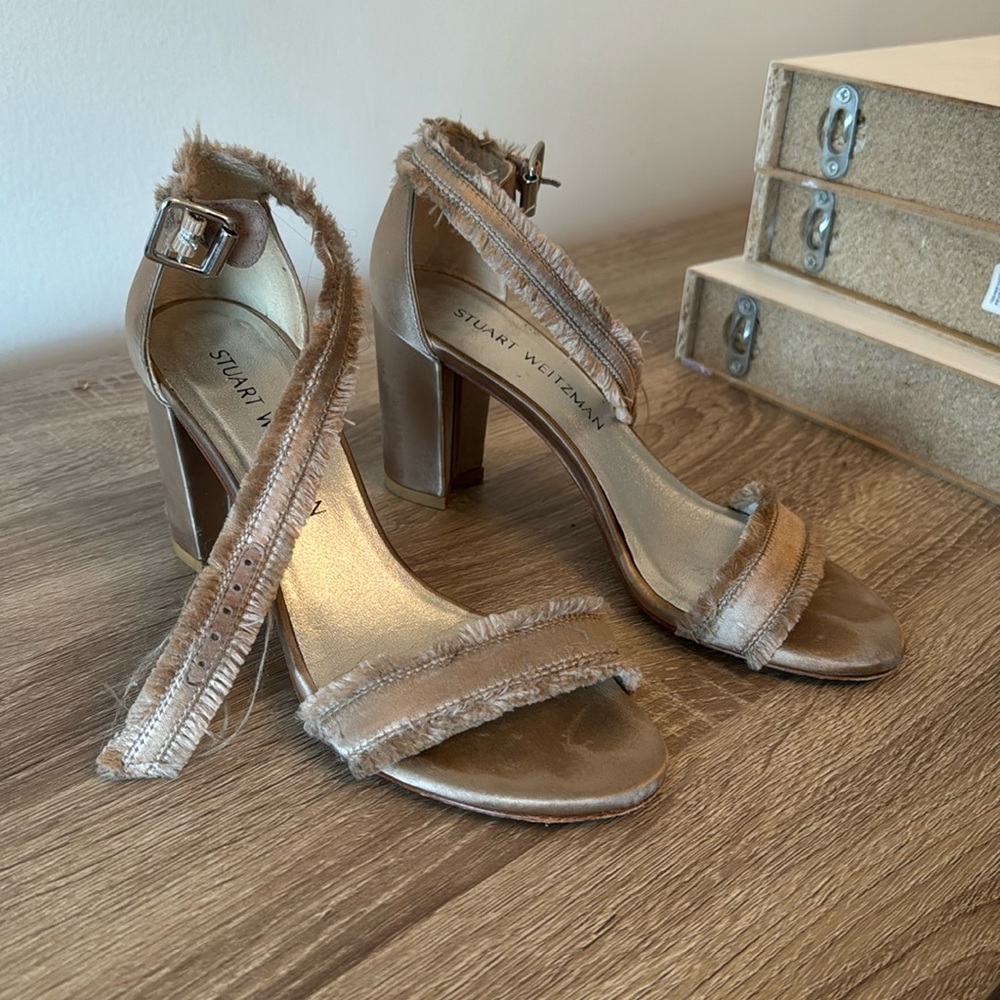 Stuart Weitzman frayed misty heels